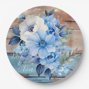 Blue Tan Wood Lights Floral Wedding Paper Plate