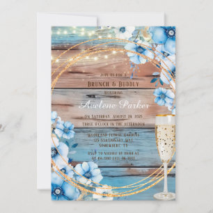 Blue Tan Wood Lights Florals Brunch & Bubbly Invitation