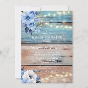 Blue Tan Wood Lights Florals Wedding Celebration Invitation