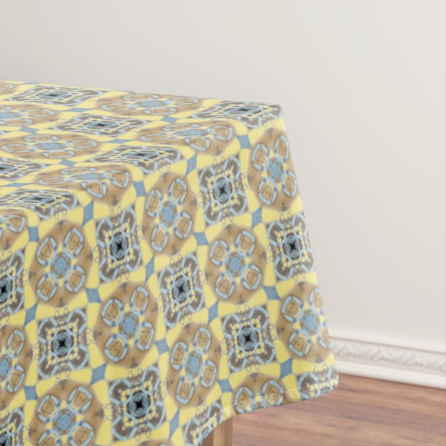 Blue, Tan, Yellow & Brown Circles Squares Pattern Tablecloth (In Situ)