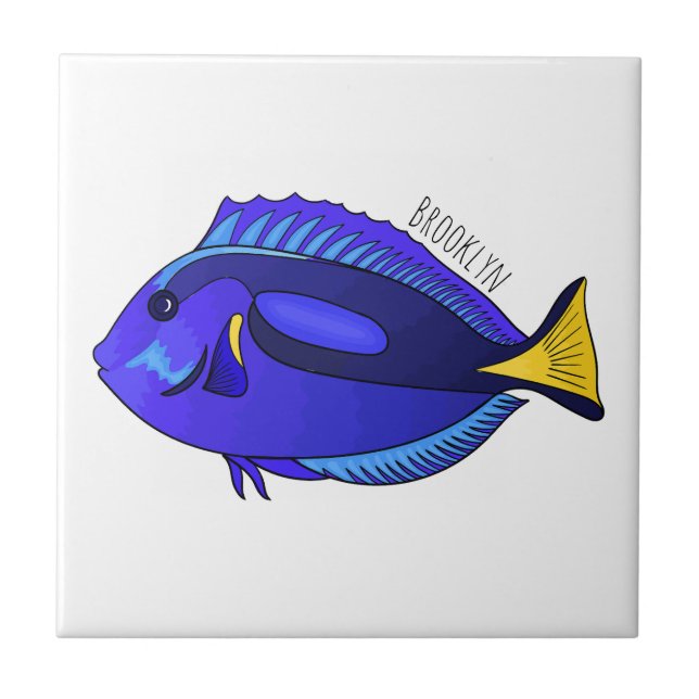 Blue tang fish cartoon illustration ceramic tile (Front)