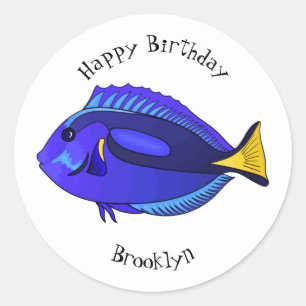Blue tang fish cartoon illustration classic round sticker