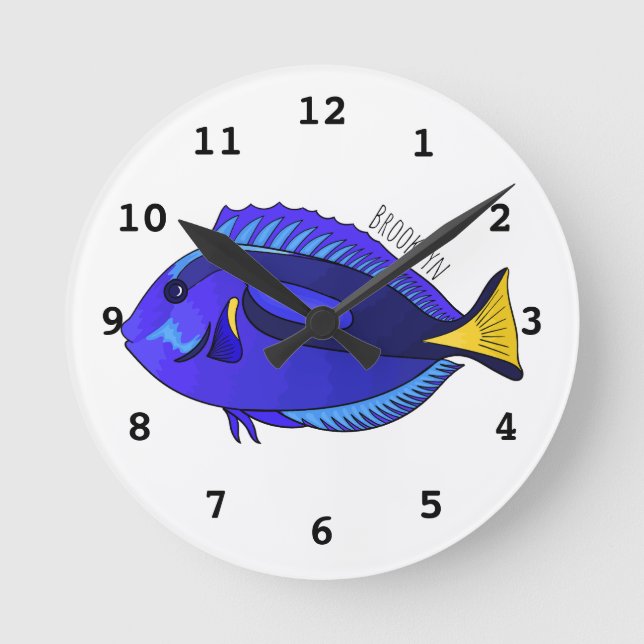 Blue tang fish cartoon illustration round clock (Front)