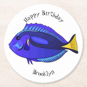 Blue tang fish cartoon illustration round paper coaster