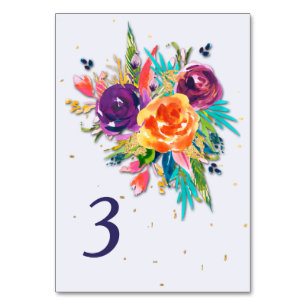 Blue Tangerine Floral Bouquet Wedding Table Number