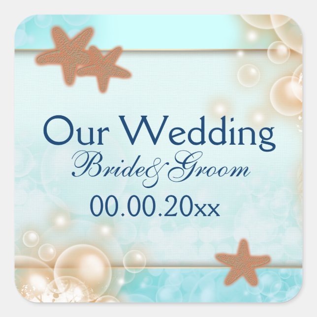 Blue tangerine wedding engagement favours square sticker (Front)