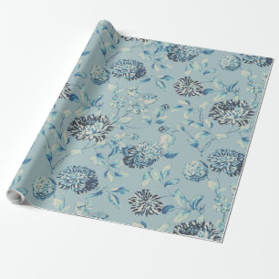 Blue Tansy Modern Vintage Botanical Floral Toile Wrapping Paper