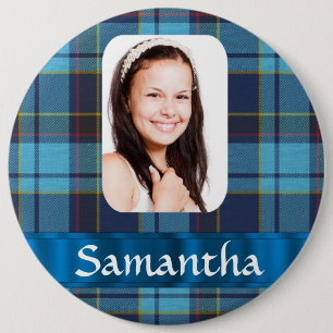 Blue tartan photo plaid template 6 cm round badge