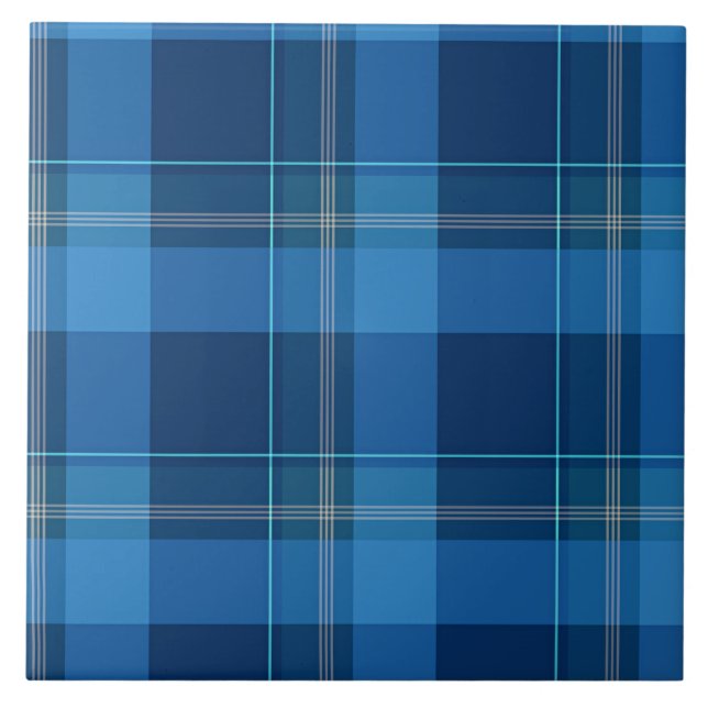 Blue tartan plaid ceramic tile (Front)