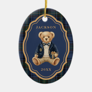 Blue Tartan Plaid   Christmas Teddy Bear Ceramic Ornament