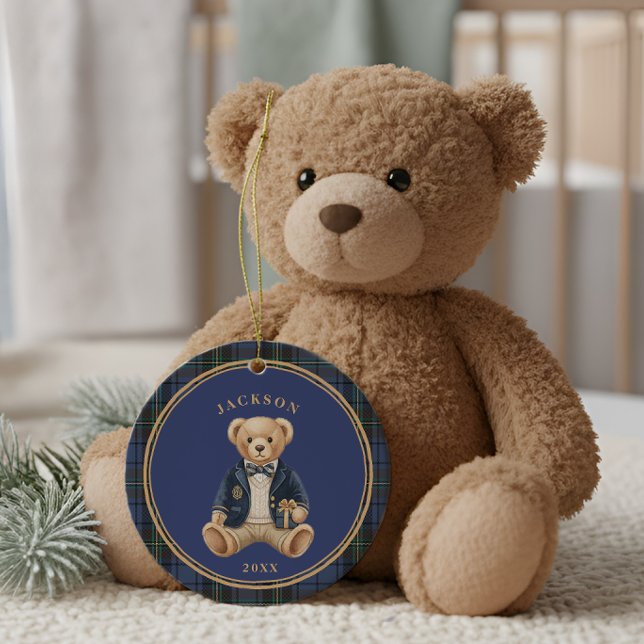 Blue Tartan Plaid | Christmas Teddy Bear Ceramic Ornament (Creator Uploaded)