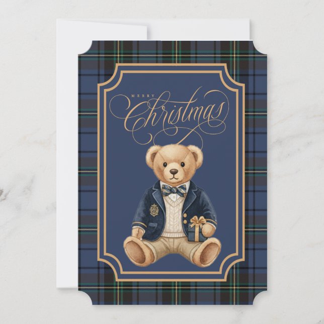 Blue Tartan Plaid | Christmas Teddy Bear Holiday Card (Front)