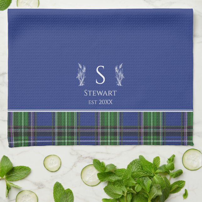 Blue Tartan Plaid Customised Name Monogram Tea Towel (Folded)