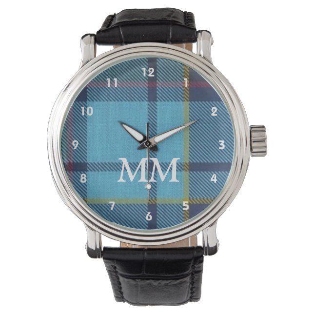 Blue tartan plaid monogrammed watch (Front)