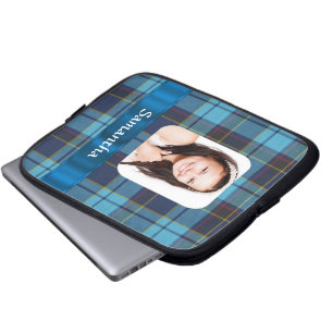 Blue tartan plaid photo template laptop sleeve