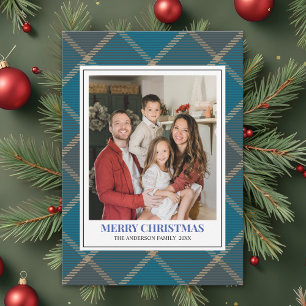 Blue Tartan Plaid with Christmas Family Photo Holiday Card