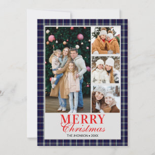 Blue Tartan Preppy Christmas Photo Collage Holiday Invitation
