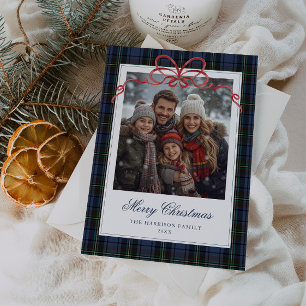 Blue Tartan Red Bow Photo Holiday Card