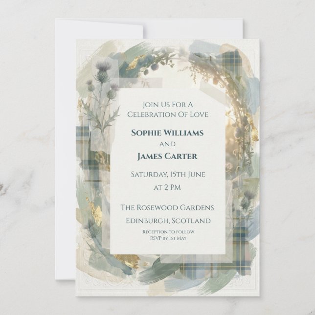 Blue Tartan Thistle Scottish Wedding Invitation (Front)