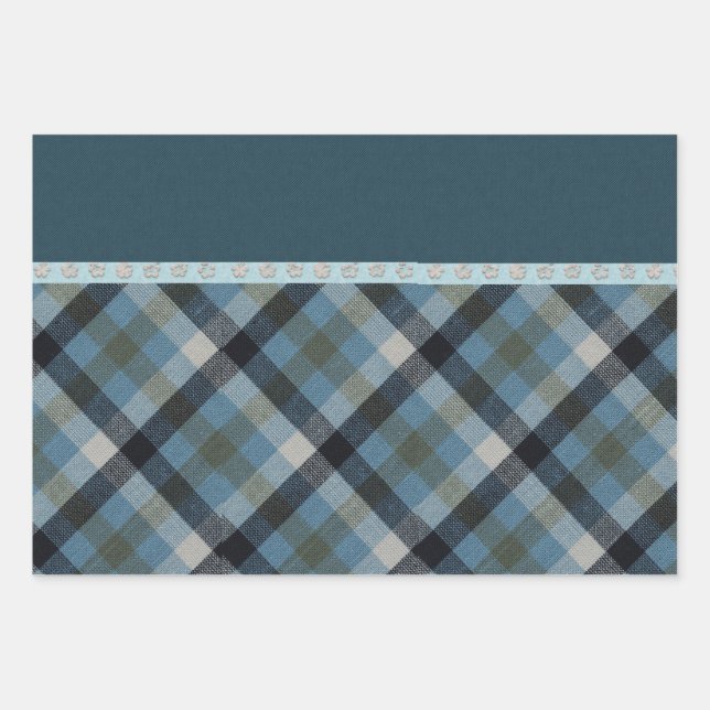 Blue Tartan Wrapping Paper Flat Sheet Set of 3 (Front)