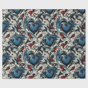 Blue Tattoo Hearts Digital Theme Wrapping Paper