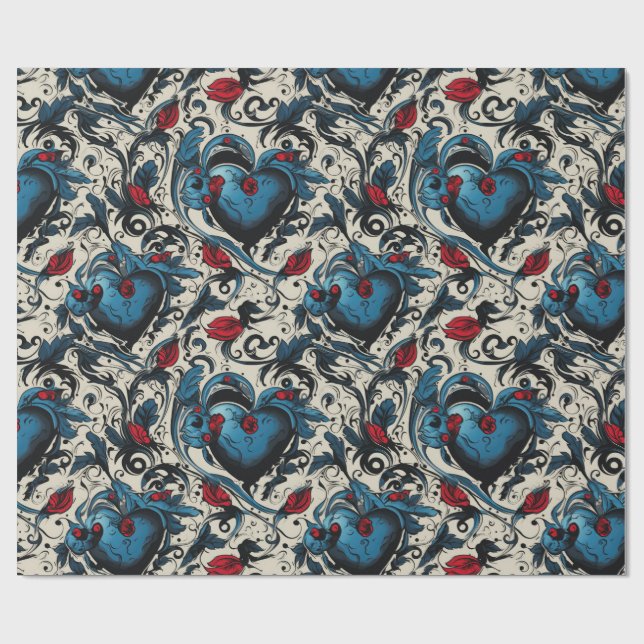 Blue Tattoo Hearts Digital Theme Wrapping Paper (Flat)