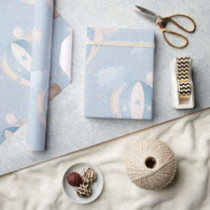 Blue Taupe Air Balloons Stars Clouds Boy Shower Wrapping Paper