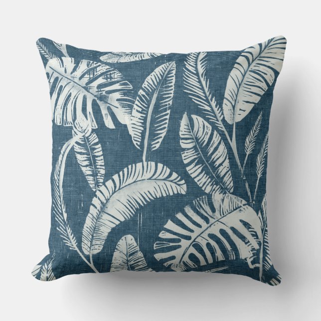 Blue Taupe Palm Leaves Throw Pillow (Front)