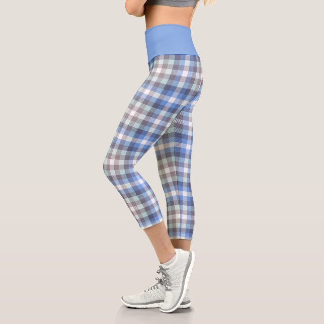 Blue Taupe Tartan Plaid Pattern Capri Leggings (Left)