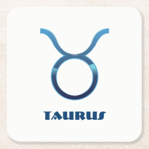 Blue Taurus Zodiac Sign On White Square Paper Coaster