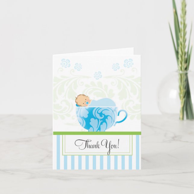 Blue Tea Cup Baby Shower Thank You Card (Front)