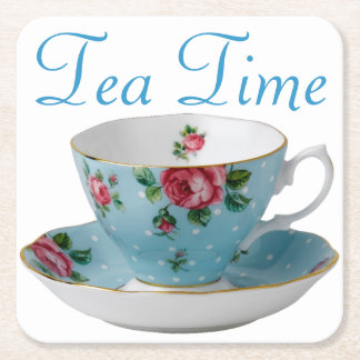 Blue Teacup Tea Time Square Paper Coaster
