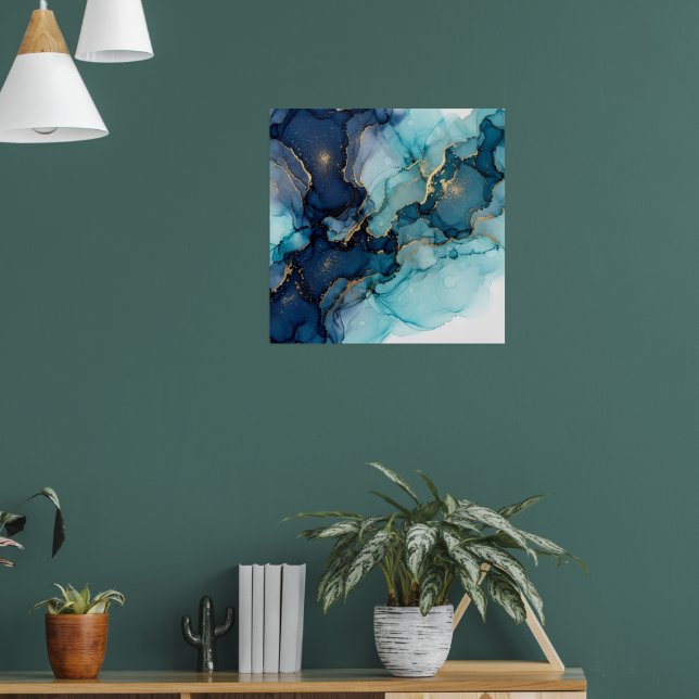 Blue Teal Abstract Alcohol Ink Art Print | Fluid O (Living Room 1)