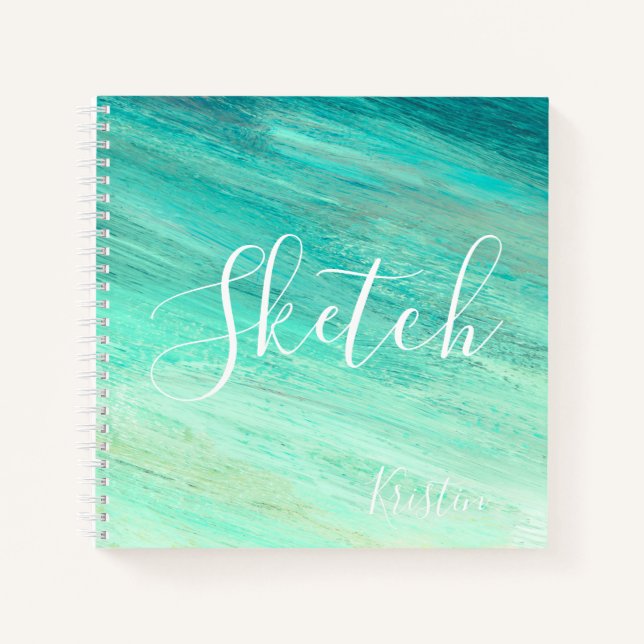Blue Teal Abstract Painting Your Name Sketchbook Notebook (Front)