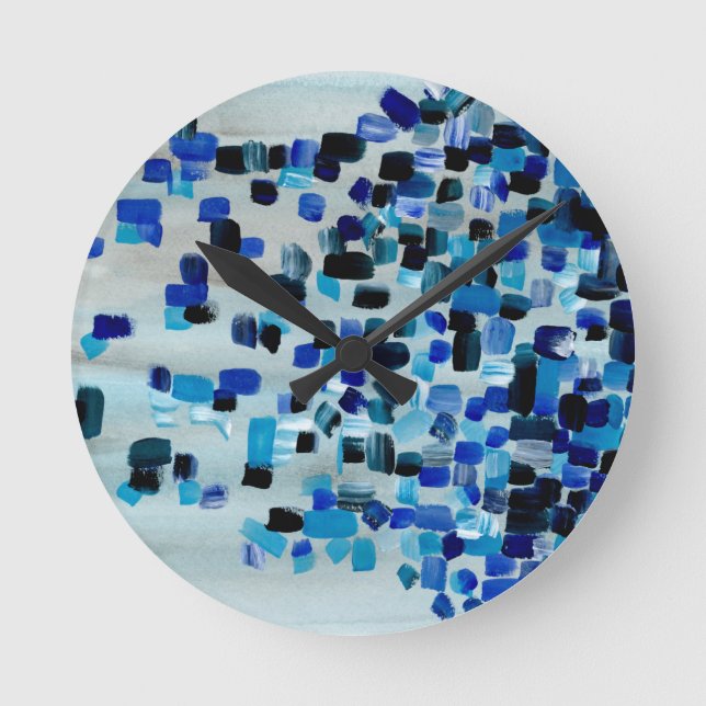 Blue Teal Abstract Watercolor Square Pattern Round Clock (Front)