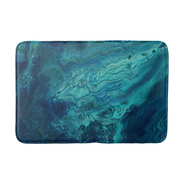 Blue Teal Acrylic Pouring Abstract Fluid Art   Bath Mat (Front)