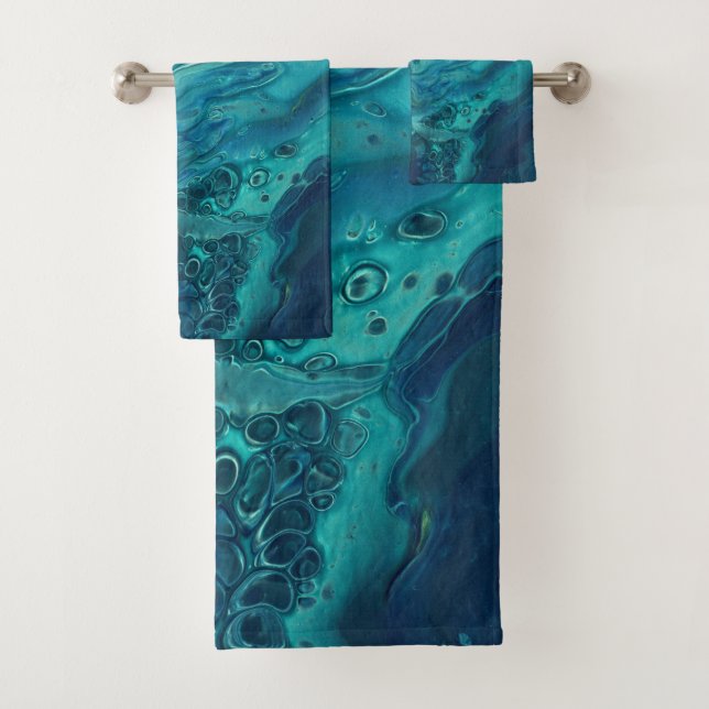 Blue Teal Acrylic Pouring Abstract Fluid Art  Bath Towel Set (Insitu)