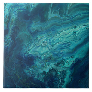 Blue Teal Acrylic Pouring Abstract Fluid Art  Ceramic Tile