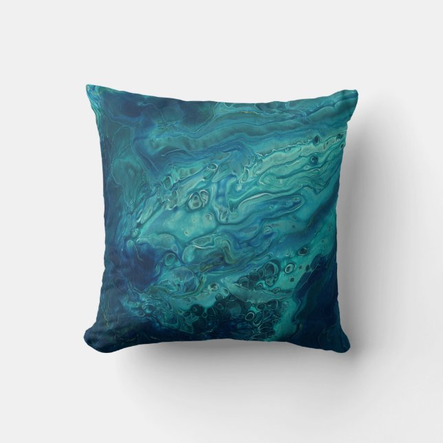Blue Teal Acrylic Pouring Abstract Fluid Art Cushion (Front)