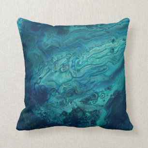 Blue Teal Acrylic Pouring Abstract Fluid Art Cushion