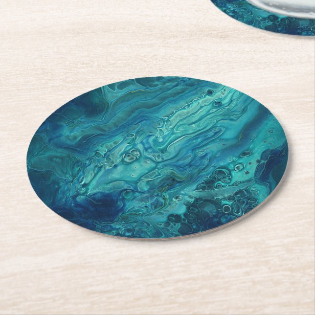 Blue Teal Acrylic Pouring Abstract Fluid Art  Round Paper Coaster (Angled)