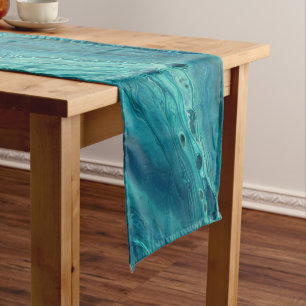 Blue Teal Acrylic Pouring Abstract Fluid Art   Short Table Runner