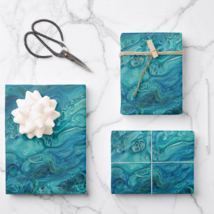 Blue Teal Acrylic Pouring Abstract Fluid Art  Wrapping Paper Sheet