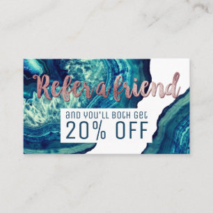 Blue Teal Agate Geode Stone Rose Gold Referral Card