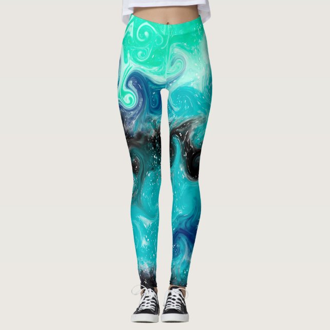 Blue, Teal and Black Fluid Art Marble Leggings (Front)