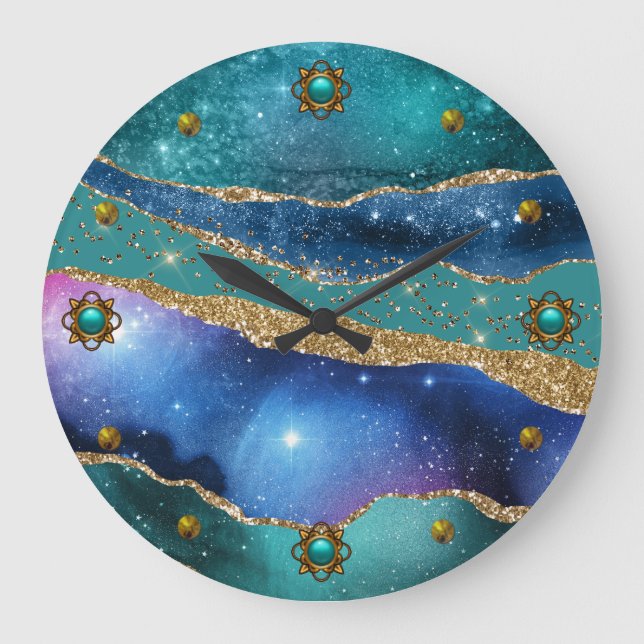 Blue Teal and Gold Agate  Large Clock (Front)