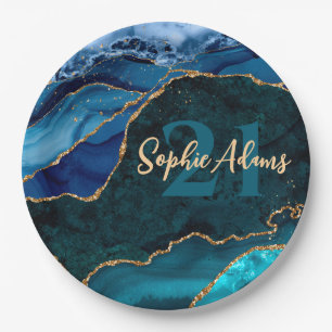 Blue, Teal and Gold Glitter Peacock Agate Birthday Paper Plate