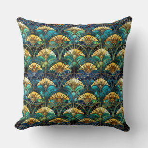 Blue, teal and Gold Peacock Stained Glass Cushion