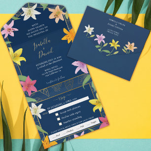 Blue Teal and Gold Tropical Lily Wedding All In One Invitation
