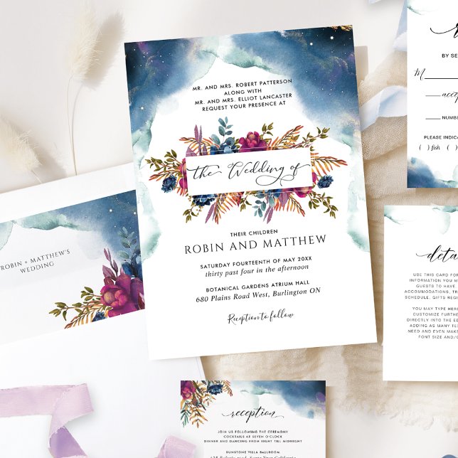 Blue, Teal and Purple Celestial Floral Wedding Inv Invitation (Creator Uploaded)